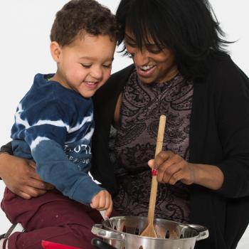 Mum and toddler - playing with pots and pans